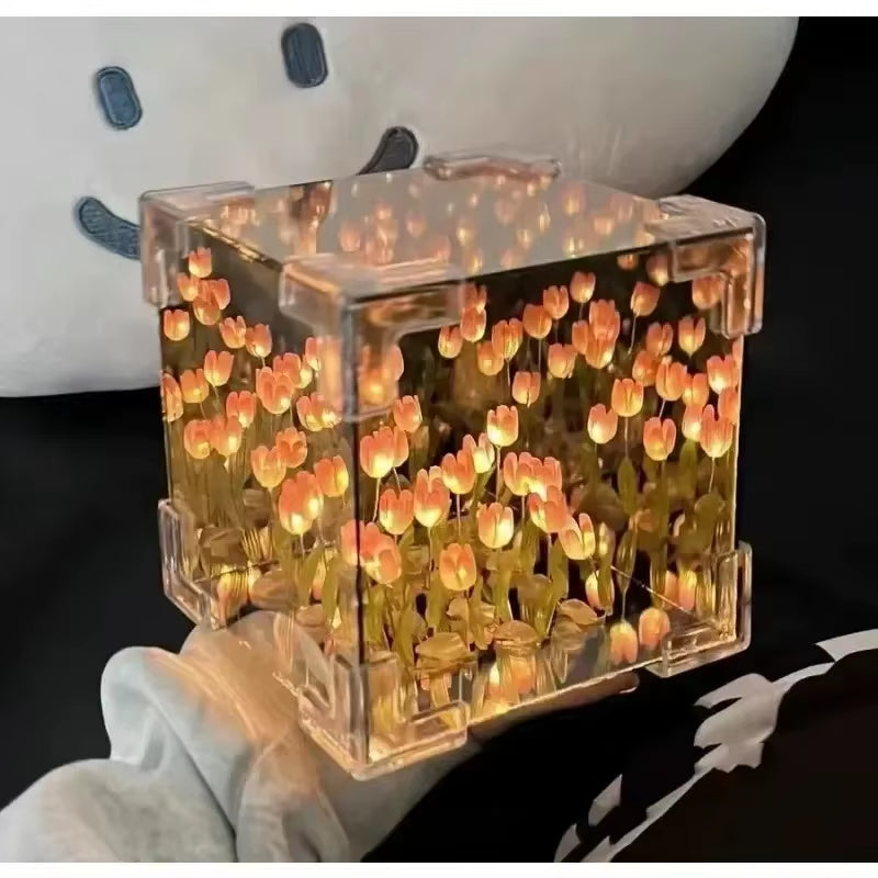 DIY Tulip Mirror Cube Lamp Flower Table Lamp Handmade Romantic Valentine'S Day Lamp Tulips Home Decorations Gift for Girlfriend